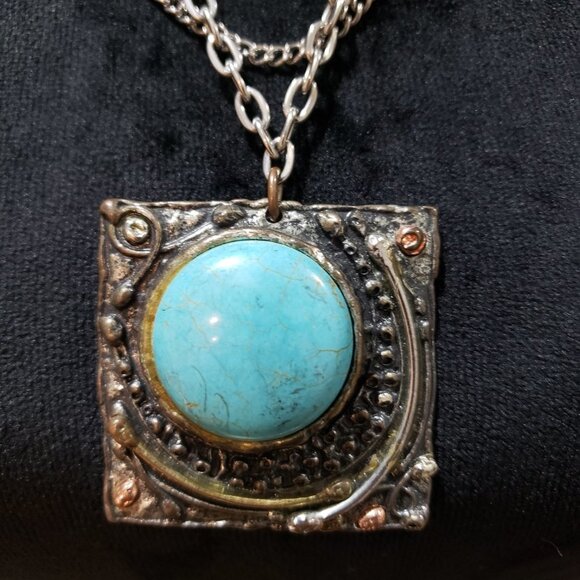 Vintage Silver Chain Brooch Pendant Fringe Pearl Turquoise Necklace - Picture 3 of 6